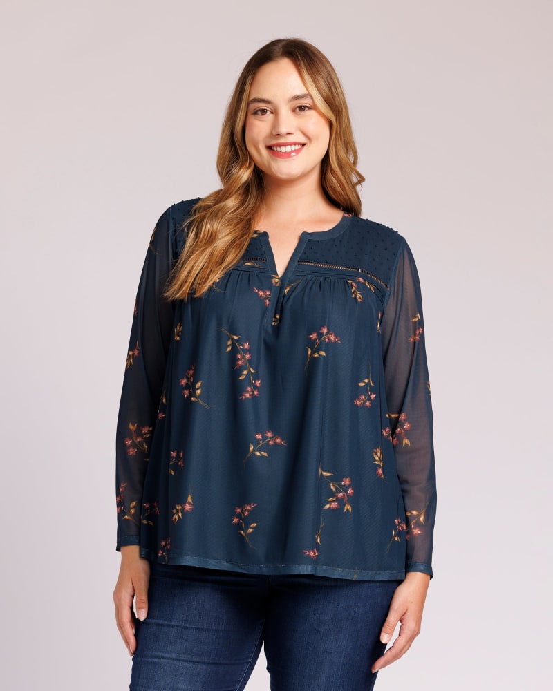 Front of a model wearing a size 2X Amelie Long Sleeve Floral Top in M977 DARK TEAL by Daniel Rainn. | dia_product_style_image_id:316708